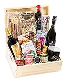 Schatzkiste Schlemmerbox - Delikatessen Geschenkset Feinkost in Holzkiste, Geschenkkorb italienisch mit Rotwein Prosecco Olivenöl Nudeln Prosciutto