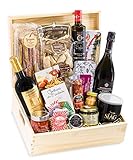 Schatzkiste Schlemmerbox - Delikatessen Geschenkset Feinkost in Holzkiste, Geschenkkorb italienisch mit Rotwein Prosecco Olivenöl Nudeln Prosciutto